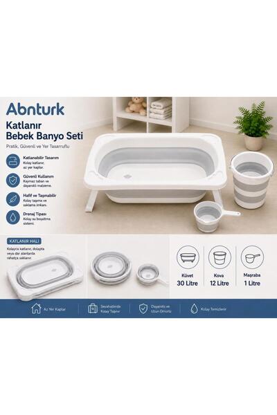 abnturk 3'lü Katlanabilir Bebek Banyo Seti-Akordiyon Bebek Küveti Su Kovası M...
