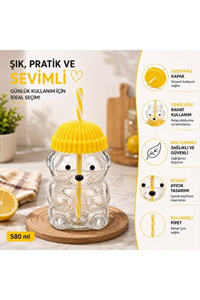 CİHO Goggy Bear Premium Glass Barista Cold Drink Cup with Straw a Teddy Bear ...