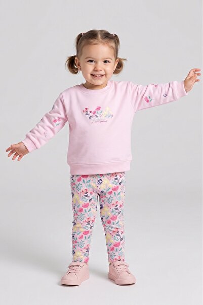 Dmb Floral Patterned Baby Girl Sweatshirt and Leggings Set