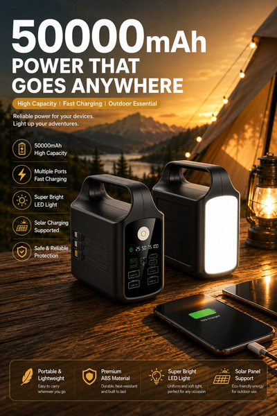 Generic Brand 50000mAh solar-powered portable charger, built-in cable, portab...