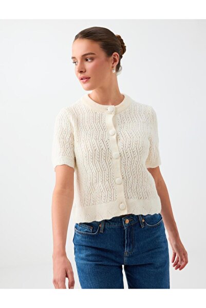 Jimmy Key Ecru Round Neck Openwork Knitwear Cardigan
