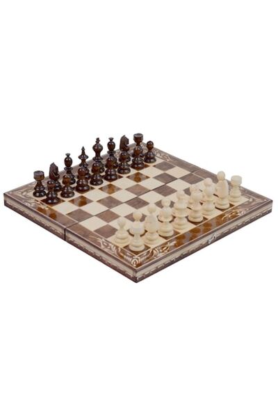 OEM Set de șah și dame din lemn, lucrat manual, 38x38 cm, maro și alb