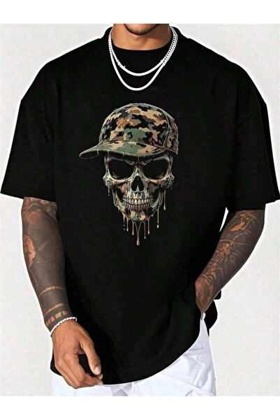 45 BPM Men's Halloween Gifts Camo Skull With Cap Graphic, Casual Soft Oversiz...