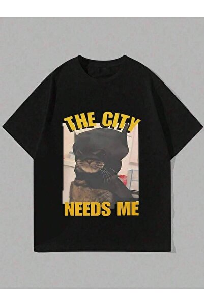 23ERVA Graphic Cat Face & English Text This City Needs Me Relaxed Fit Round N...