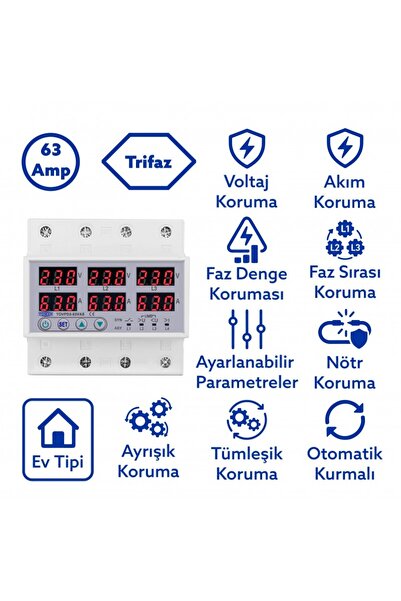 Trifaz Gerilim ve Akım Koruma Rölesi Yüksek Alçak Voltaj Koruyucu Röle 63A 3 Fazlı - Ev Tipi