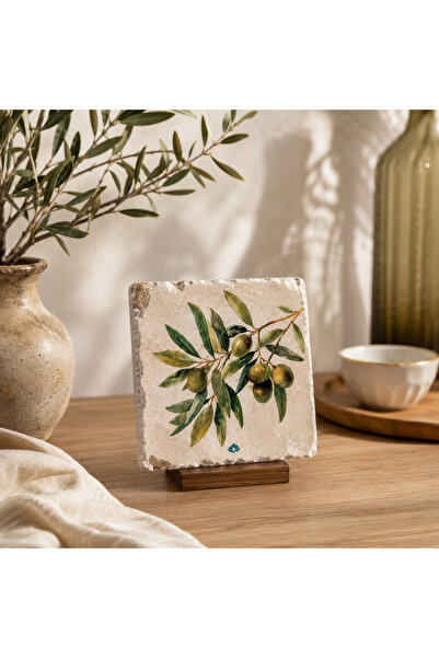 Anadolia Green Olive Branch Patterned Travertine Single Coaster