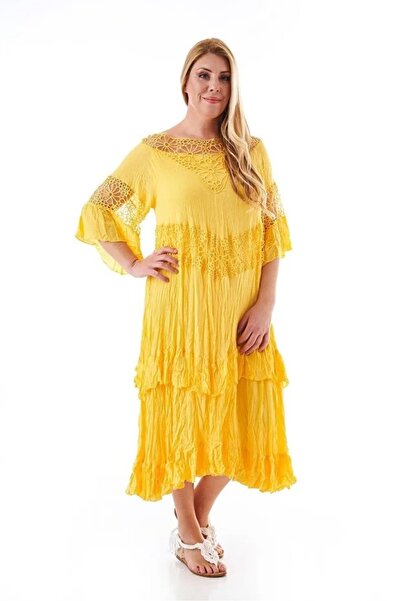 Hazinedan Bohemian Lace Detail Embroidered Yellow Authentic Italian Evening D...