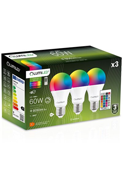 Lumiled 3x Bec LED E27 A60 9W = 60W 806lm 3000K + RGB Multicolor 260 °   Tele...