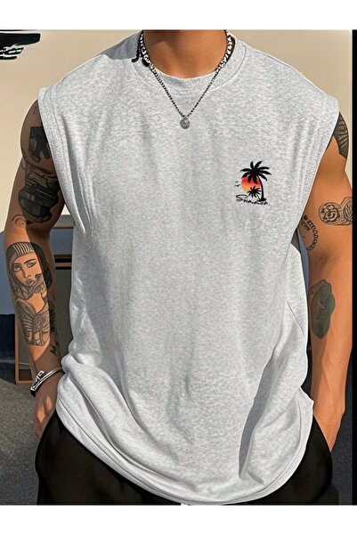 FUFLUNS Summer Palm Printed Men's Regular Fit Crew Neck Sports Sleeveless T-S...