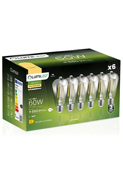 Lumiled 6x Bec LED E27 Edison ST64 8W = 60W 880lm 3000K Cald 360 °   FILAMENT