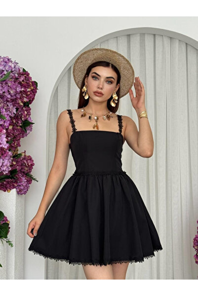 Moda Days فستان نسائي قصير أسود اللون بياقة مربعة وحزام دانتيل وتصميم مشد من ...