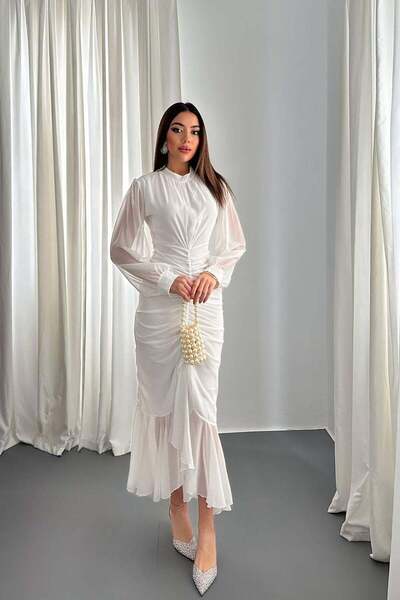 Moda Days فستان نسائي من الشيفون الأبيض بياقة عالية وأكمام طويلة وفتحة أمامية...