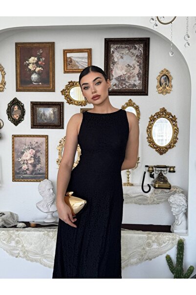 Moda Days فستان نسائي أسود متوسط الطول بياقة قاربية بدون أكمام وتطريز دانتيل ...