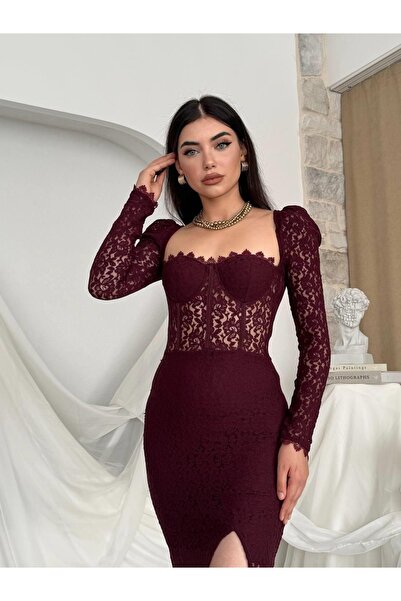 Clothes Fast Women's Plum Midi Dress with Lace Detail, Slit, Long Sleeves, Sw...