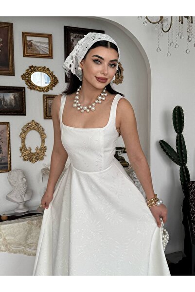 Moda Days فستان نسائي متوسط الطول من إكرو، بياقة مربعة وحزام، مزين بنقوش، فست...