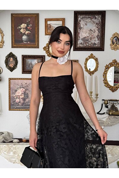 Moda Days فستان سهرة طويل من الدانتيل ذو رقبة مربعة وأربطة سوداء للنساء