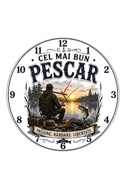 OEM Ceas de Perete Cadou Pescar, "Cel Mai Bun Pescar", Decoratiune Rustica Pa...