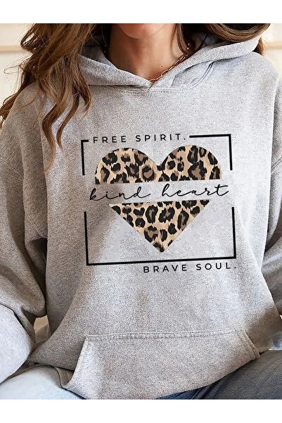 JENOLAN Γυναικείο φούτερ με κουκούλα με στάμπα Free Spirit, γκρι μαύρο, overs...