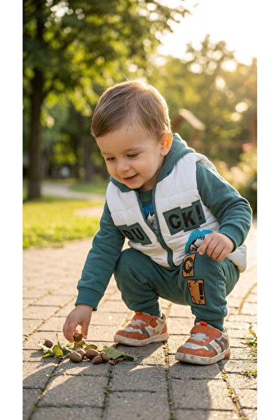 NOTA KİDS Boy's Green and White Animal Figured 3-Piece Vest Top and Bottom Set