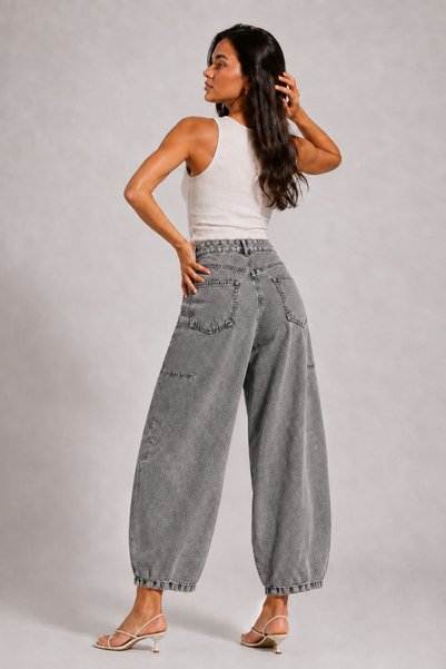SHEVEGA Füme Yüksek Bel Kısa Paça Bol Paça Baggy Jean Kot Pantolon