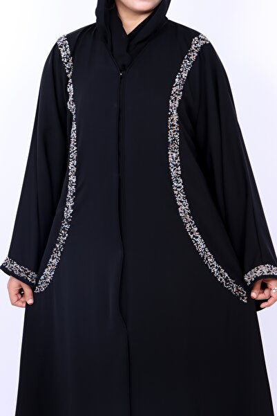Izzah Bella Women’s Elegant Black Front-Open Abaya with Intricate Bead & Crys...