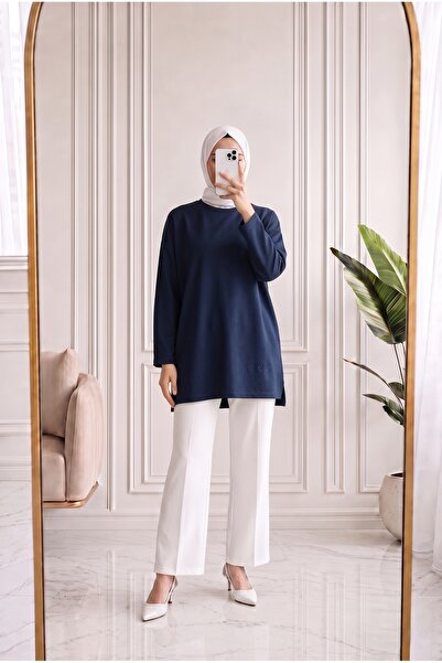 MİHRA STORE Mahay Heart Embroidered Slit Tunic-Ss13074 Navy Blue