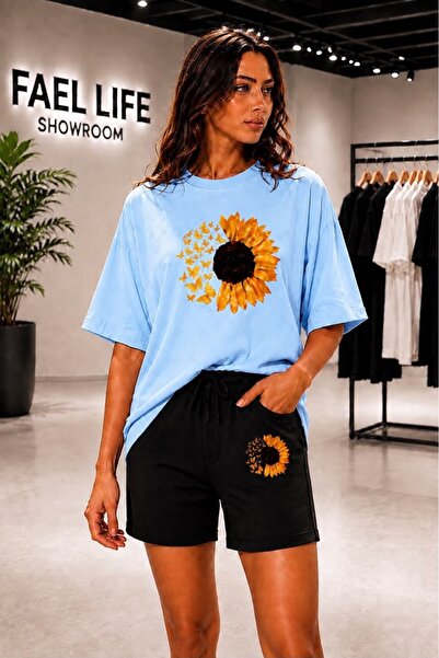 FAEL LİFE Unisex Wide-Fit T-Shirt and Shorts Set with Sunflower Print