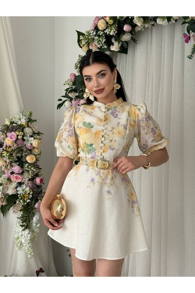 Clothes Fast Women's Floral D. Sari Mini Dress with Floral Pattern Belt Detai...