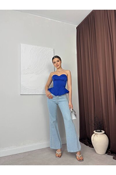 Moda Days Bluză crop peplum pentru femei, albastru Saks, fără bretele, cu dec...