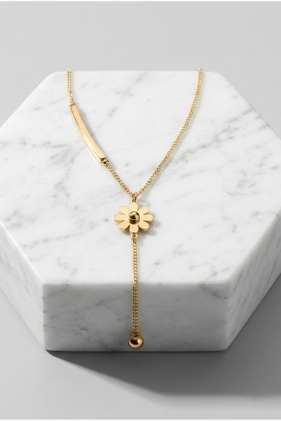 Prizma Concept Women's Gold Color Daisy Figured Stick and Ball Detailed Adjustable Dangle Y Lariat Thin Chain Necklace