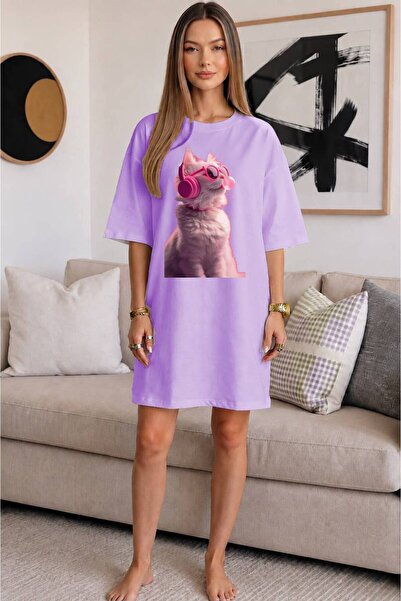 JANTIL MODA Crew Neck Extra Long Oversize Tunic T-Shirt with Headphones and G...