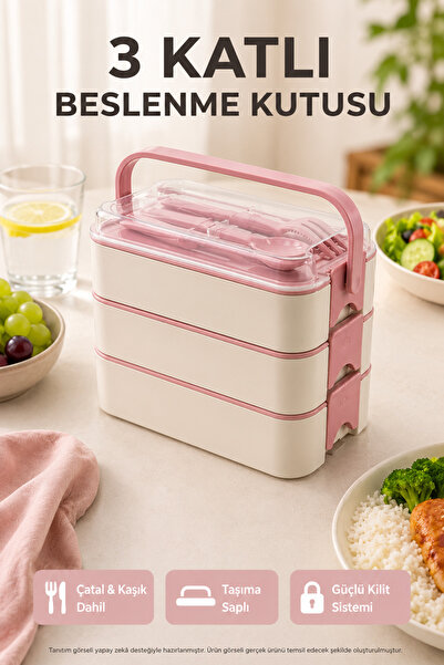 Open Home Concept Pink 3-Tier Lunch Box Set with Fork and Spoon, Locking Lid,...