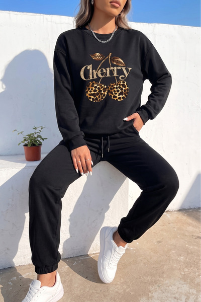 uyguntarz Unisex Leopard Patterned Cherry Design Printed Crew Neck Sweatshirt...