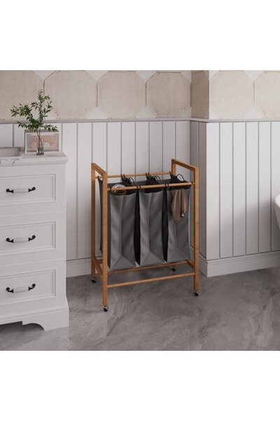 STARSTAR Bamboo laundry basket with three compartments made of wood