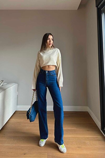 BROSERER Rio Dark Blue High Waist Wide Leg Women's Loose Jeans Palazzo Trousers