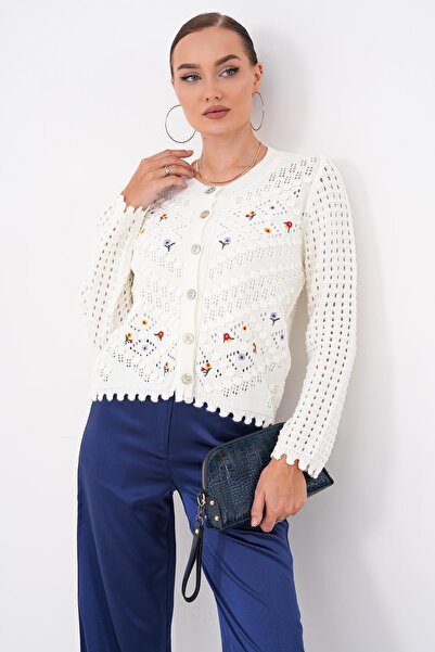 ŞİMAL Women's Embroidered Button Closure Knitted Cardigan 265150