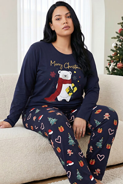 Siyah İnci Navy Blue New Year's Themed Cotton Lycra Large Size Oversized Knit...