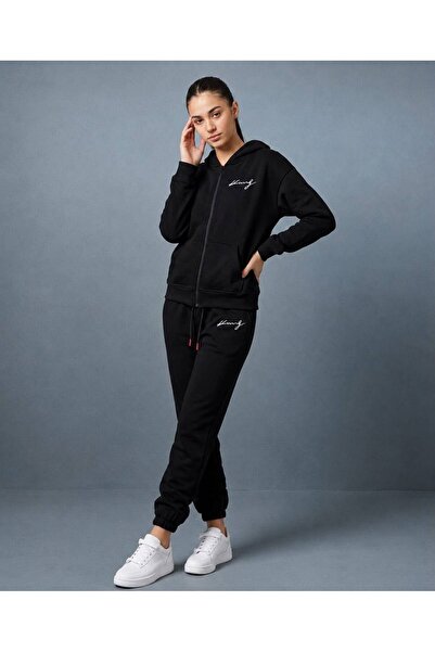 Gutsy Women'S-Men's Zippered Hooded Track Suit with Handwritten King Print