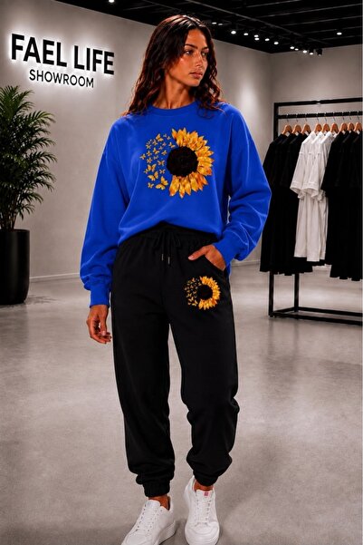 FAEL LİFE Unisex Wide Cut Zero Neckline and Sweatpants Moonflower Printed Set
