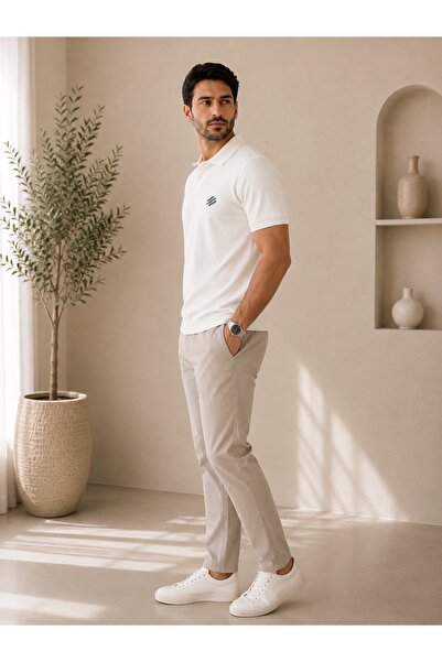 H&E Erkek Triko Polo Yaka Tişört – Ekru Slim Fit Yazlık Triko