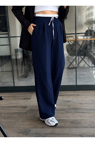 Olbia Women's Navy Blue and White Belted Palazzo Trousers