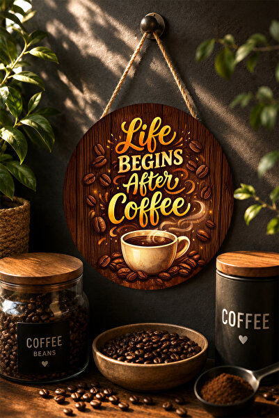 Mayeka Viața începe după cafea - Masă rotundă din MDF cu textură de lemn, caf...