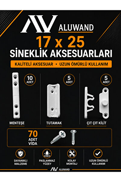 ALUWAND Sineklik Aksesuar Takımı 17X25 – Menteşeli Sistem Için Kulplu Kilitli...