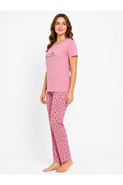 FAMES PİJAMA Kadın Yazlık Kısa Kol Awesome Pembe Pijama Takımı