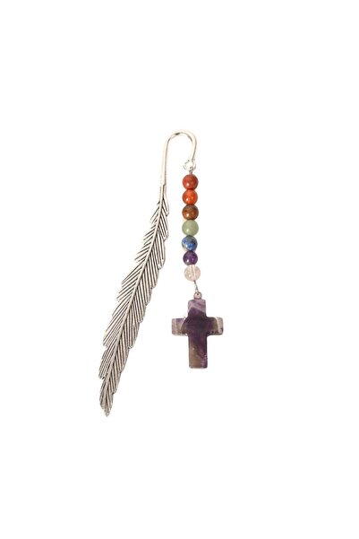 craftmystic Разделител за книги с естествен камък Аметист, кръст и 7 чакри