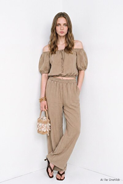 Rays Rubber Detailed Short Sleeve Blouse Trousers Set 8670A Mink