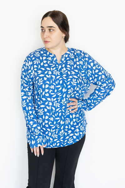 LINELLE Blue White Leaf Print Split Neck Shirt