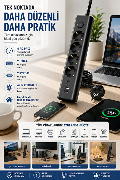 Merwish Akım Korumalı Çoklu Priz 3680W 16A 230V – 4 Topraklamalı AC Priz, 2 USB-A, 2 Type-C, Isıya Dayanıklı Gövde