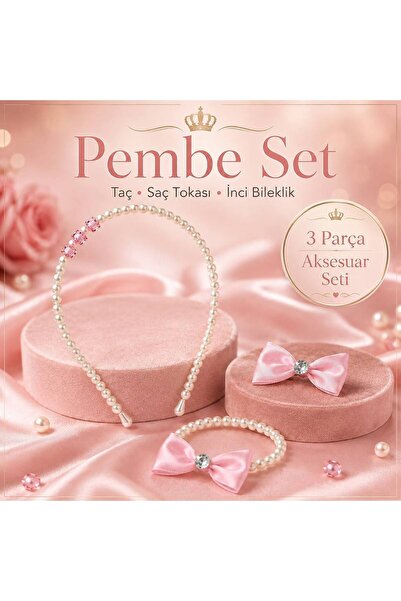 KADİR BABA Girl's 3-Piece Pearl Crown Bow Hair Clip and Bracelet Set