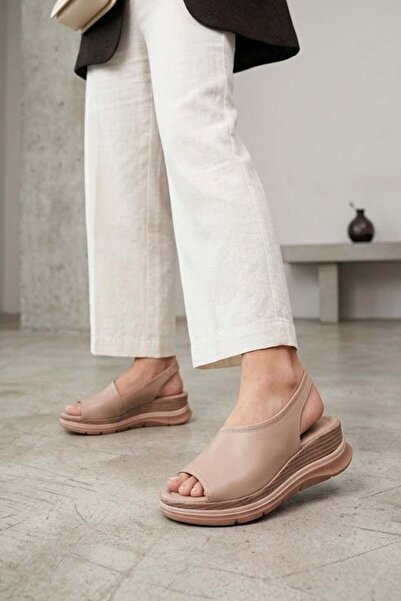 Ayakkabı Fuarı Elit Koc2568 Women's Genuine Leather Sandals Beige